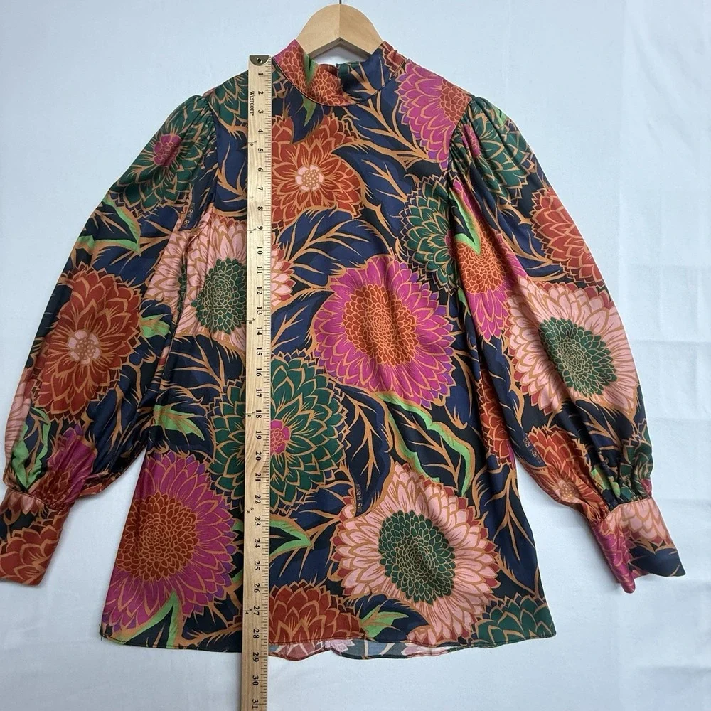 Farm Rio Floral Blouse XS Brazilian Designer Mock Neck Puff Sleeve Boho Statemen